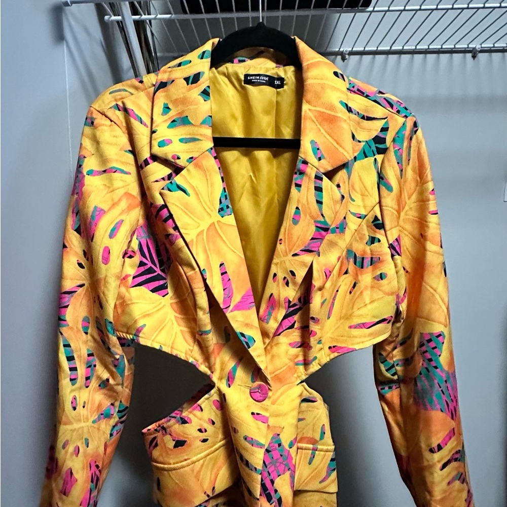 SHEIN Women's Vibrant Yellow Blazer with Pink and Blue Accents